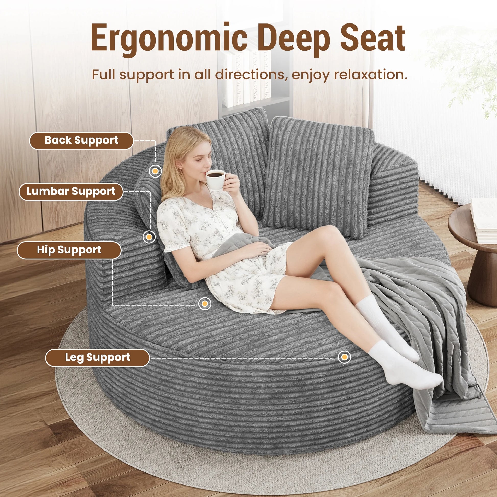 Magic Home Modern Lazy Sofa Foam Couch Sectional Sofa Togo Sofa Floor Sofa for Bedroom,Living Room,Apartment and Small Space,Single Seat Sofa,Gray
