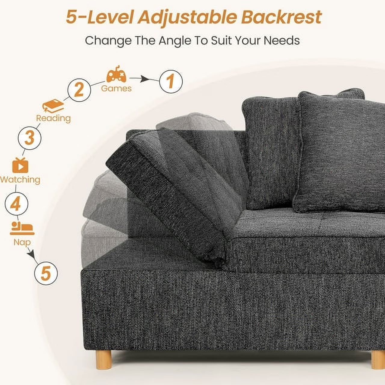 4-In-1 Convertible Chair Bed, Linen Sleeper Chair for Small Space, Futon Sofa Bed with 2 Throw Pillows for Living Room, Single Recliner with 5 Adjustable Backrest for Bedroom Apartment, Black