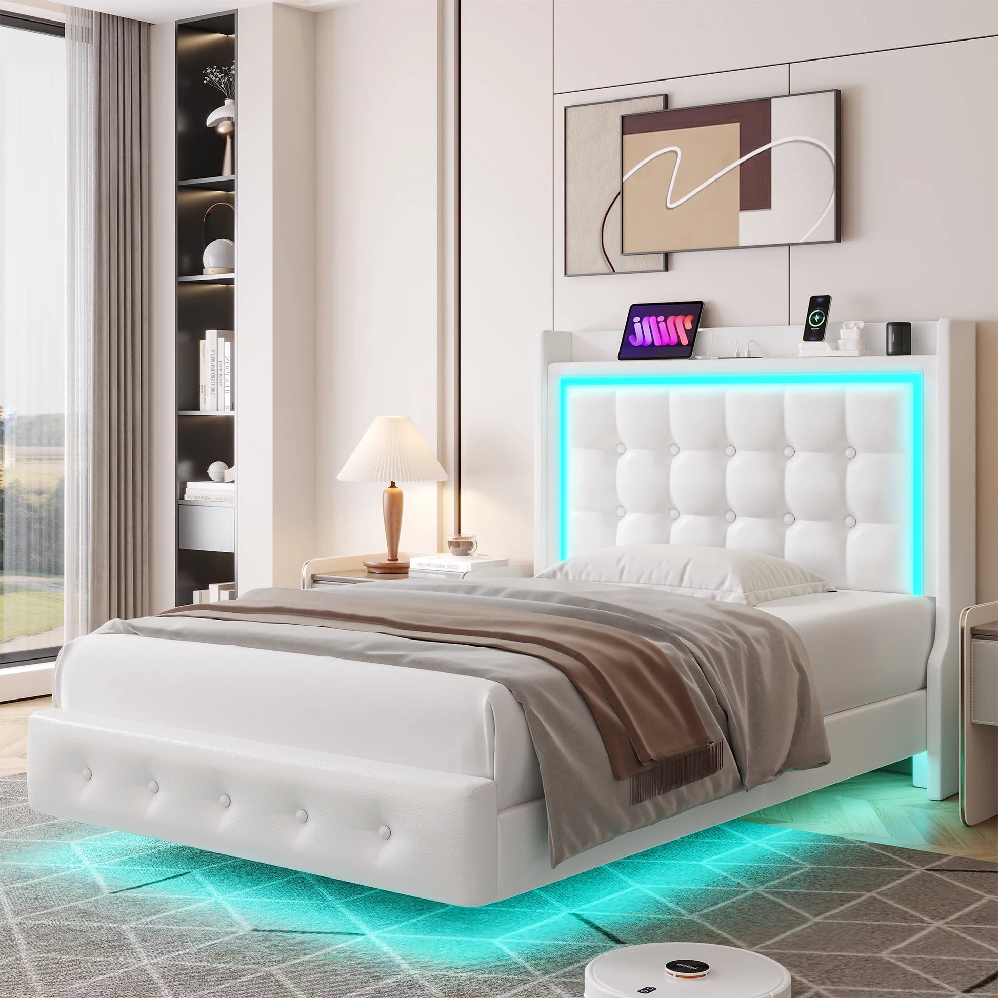 Twin Size Floating Bed with LED Lights Charging Station, Modern PU Upholstered Platform Bed with Storage Headboard, White