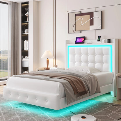 Twin Size Floating Bed with LED Lights Charging Station, Modern PU Upholstered Platform Bed with Storage Headboard, White