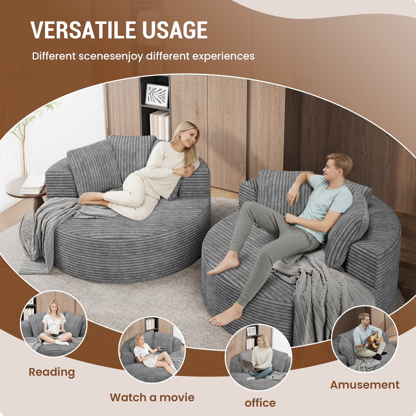 Magic Home Modern Lazy Sofa Foam Couch Sectional Sofa Togo Sofa Floor Sofa for Bedroom,Living Room,Apartment and Small Space,Single Seat Sofa,Gray