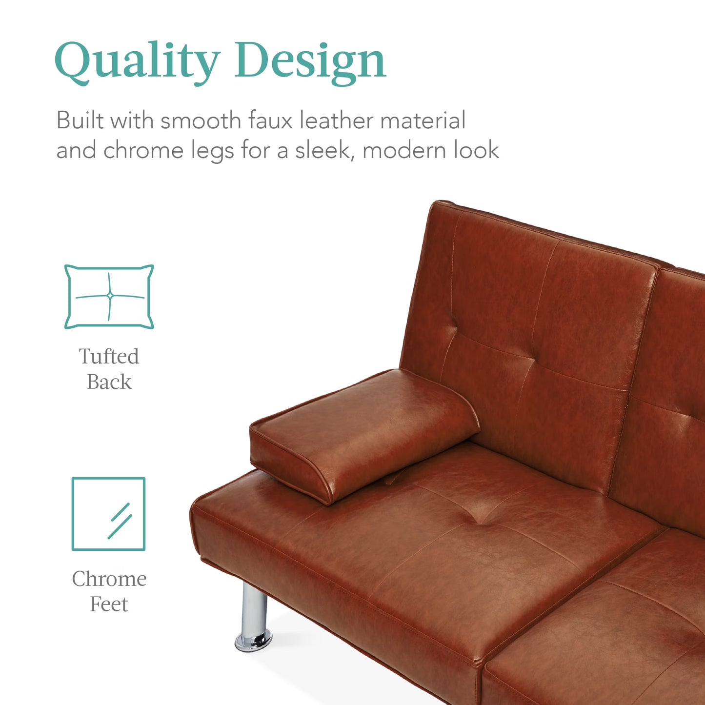 Modern Faux Leather Convertible Futon Sofa W/ Removable Armrests, 2 Cupholders - Medium Brown
