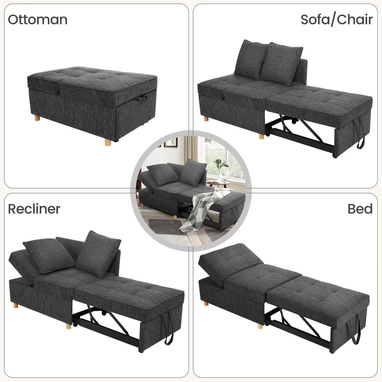 4-In-1 Convertible Chair Bed, Linen Sleeper Chair for Small Space, Futon Sofa Bed with 2 Throw Pillows for Living Room, Single Recliner with 5 Adjustable Backrest for Bedroom Apartment, Black