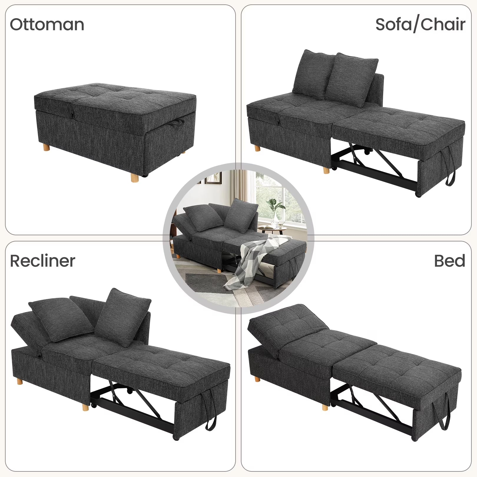 4-In-1 Convertible Chair Bed, Linen Sleeper Chair for Small Space, Futon Sofa Bed with 2 Throw Pillows for Living Room, Single Recliner with 5 Adjustable Backrest for Bedroom Apartment, Black