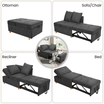 4-In-1 Convertible Chair Bed, Linen Sleeper Chair for Small Space, Futon Sofa Bed with 2 Throw Pillows for Living Room, Single Recliner with 5 Adjustable Backrest for Bedroom Apartment, Black