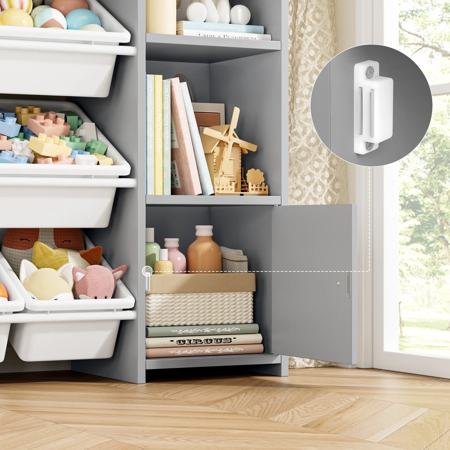 Kids Toy Organization Cubby Bookcase with 8 Bin, 2 Door Gray Storage Organizer Bookshelf for Children Room Playroom