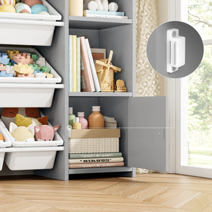 Kids Toy Organization Cubby Bookcase with 8 Bin, 2 Door Gray Storage Organizer Bookshelf for Children Room Playroom
