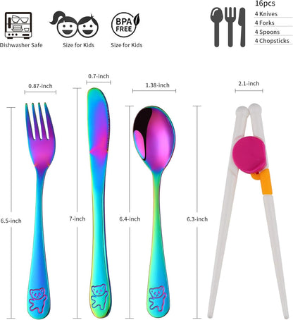 Stainless Steel Kids Silverware with Training Chopsticks, 12 Pieces Rainbow Toddler Utensils for 4-12 Years Old, Food Grade Metal Kids Utensils Set, Children Safe Flatware, Dishwasher Safe,