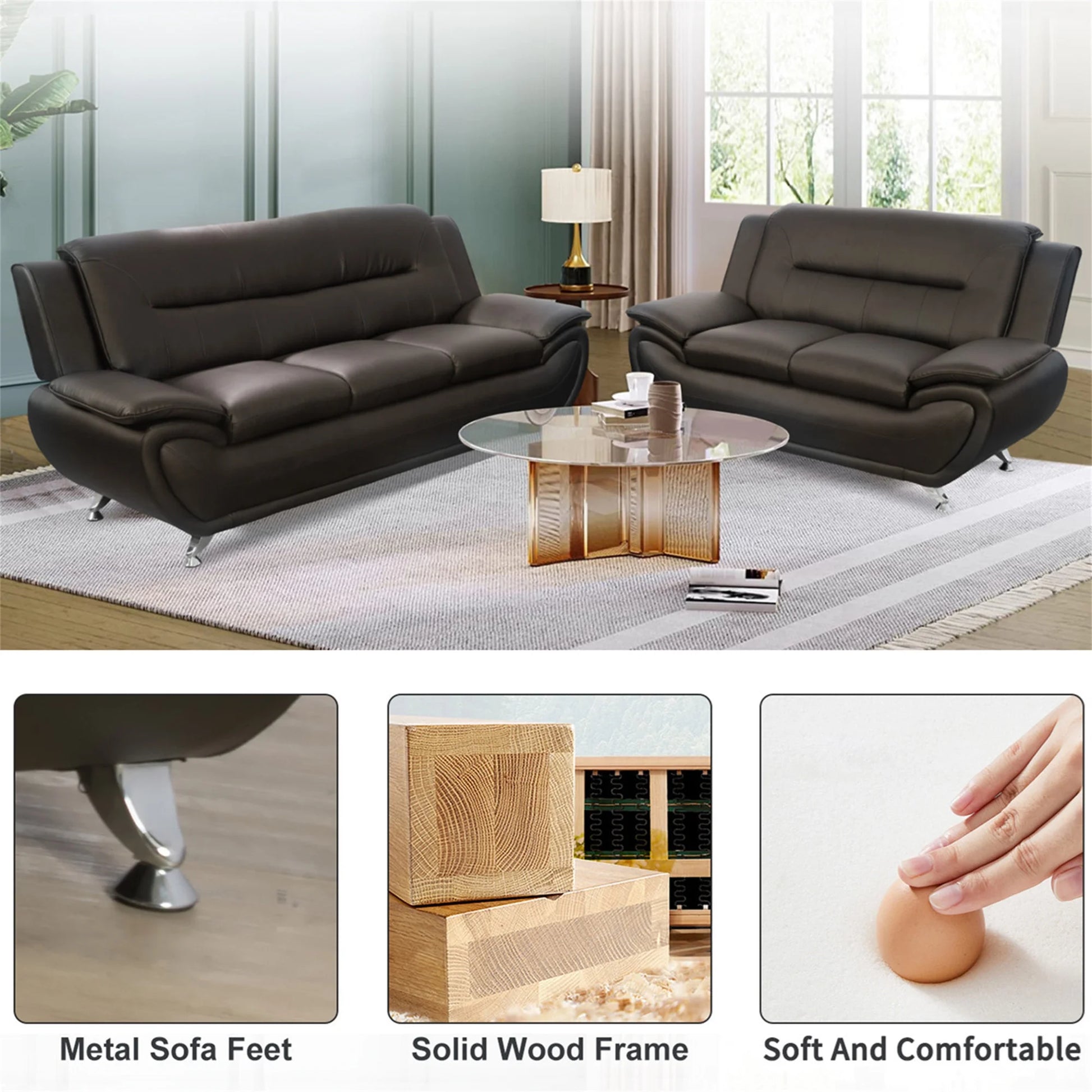 3 Piece Sofa Set - 46" Wide Upholstered Sofa Couch Armchair, Leather, Brown