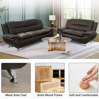 3 Piece Sofa Set - 46" Wide Upholstered Sofa Couch Armchair, Leather, Brown