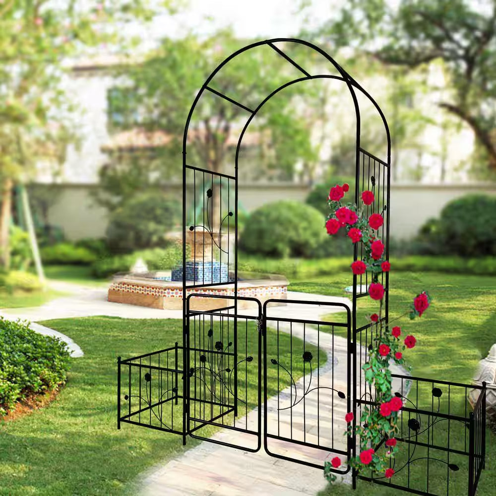 Hot Seller Garden 86.6 In. Iron Arch Black Trellis with Double Gate Design for High Climbing Plants Support Rose