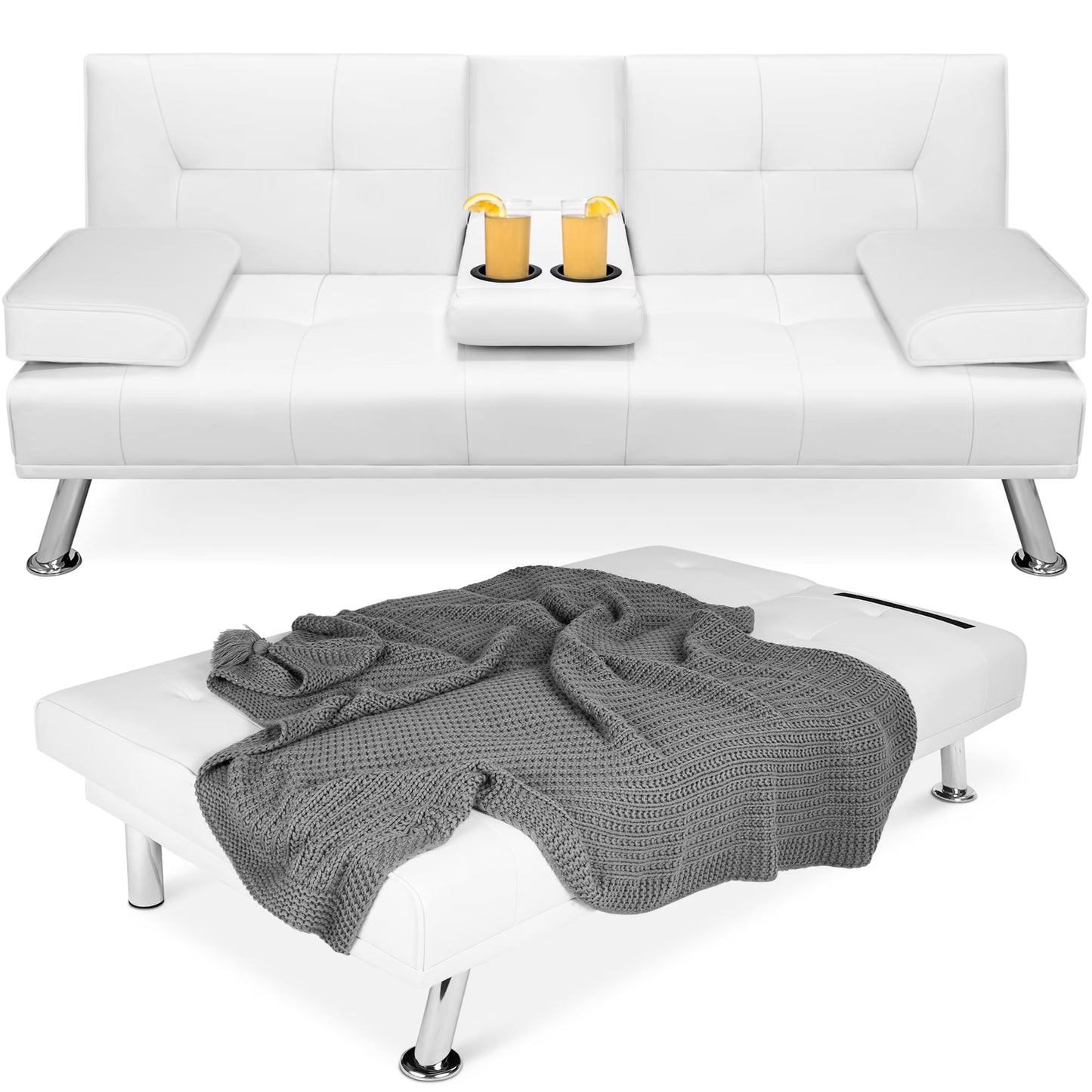 Modern Faux Leather Convertible Futon Sofa W/ Removable Armrests, 2 Cupholders - White