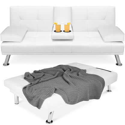 Modern Faux Leather Convertible Futon Sofa W/ Removable Armrests, 2 Cupholders - White