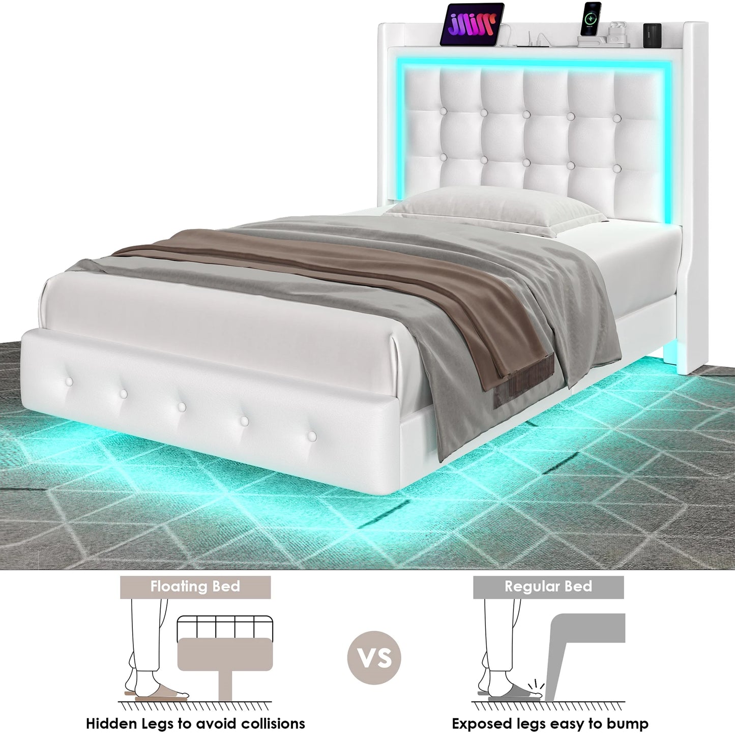 Twin Size Floating Bed with LED Lights Charging Station, Modern PU Upholstered Platform Bed with Storage Headboard, White