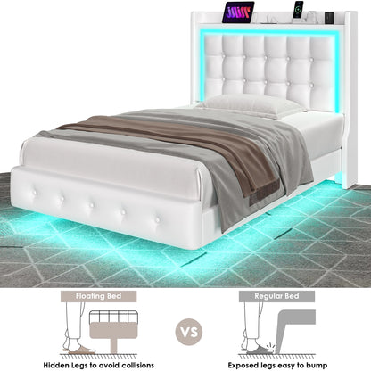 Twin Size Floating Bed with LED Lights Charging Station, Modern PU Upholstered Platform Bed with Storage Headboard, White
