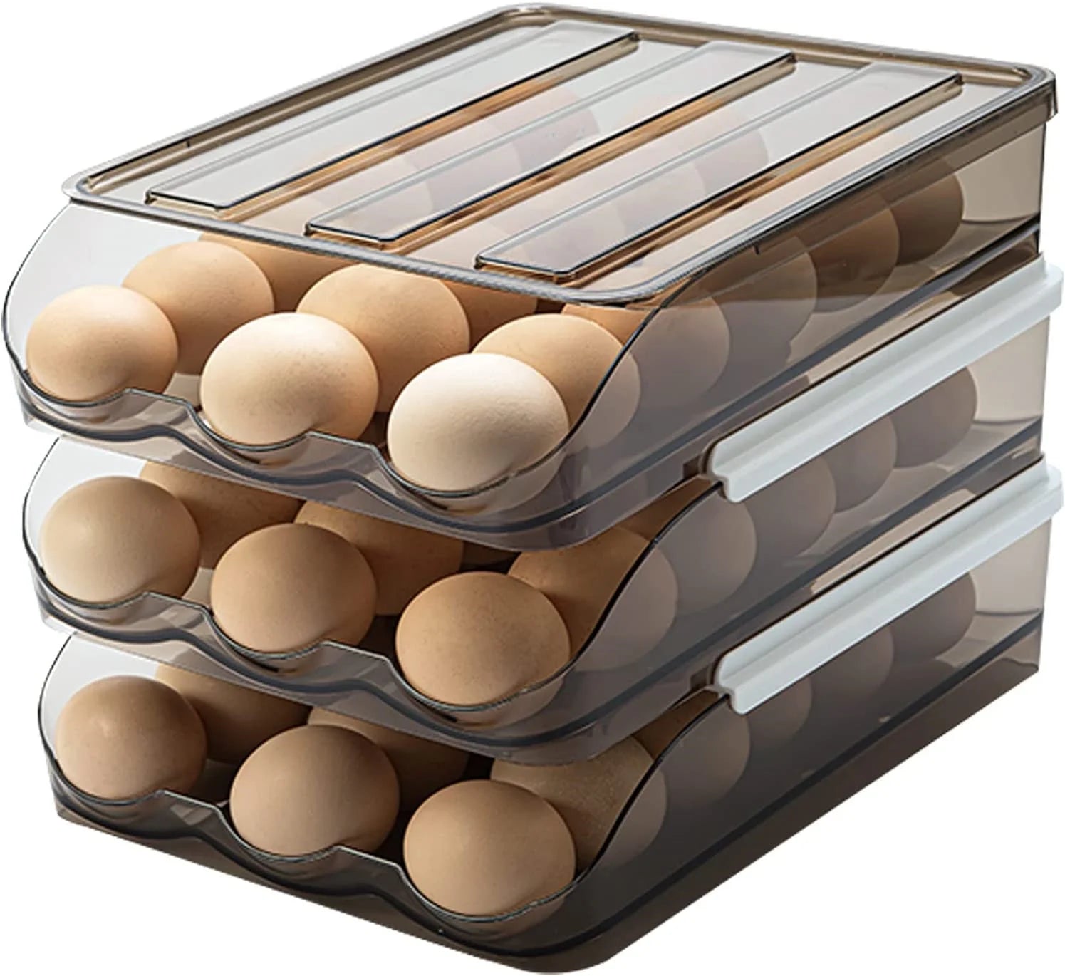 Large Capacity Auto Rolling Egg Holder for Refrigerator, Egg Fresh Storage Box for Fridge, Egg Storage Container Organizer Bin, Crystal Gray Plastic Storage Container (1 Layer)