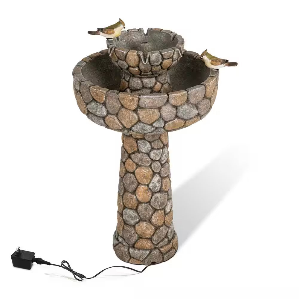 24.41 In. H Outdoor Polyresin 2-Tierd Stone-Like Birdbath Fountain