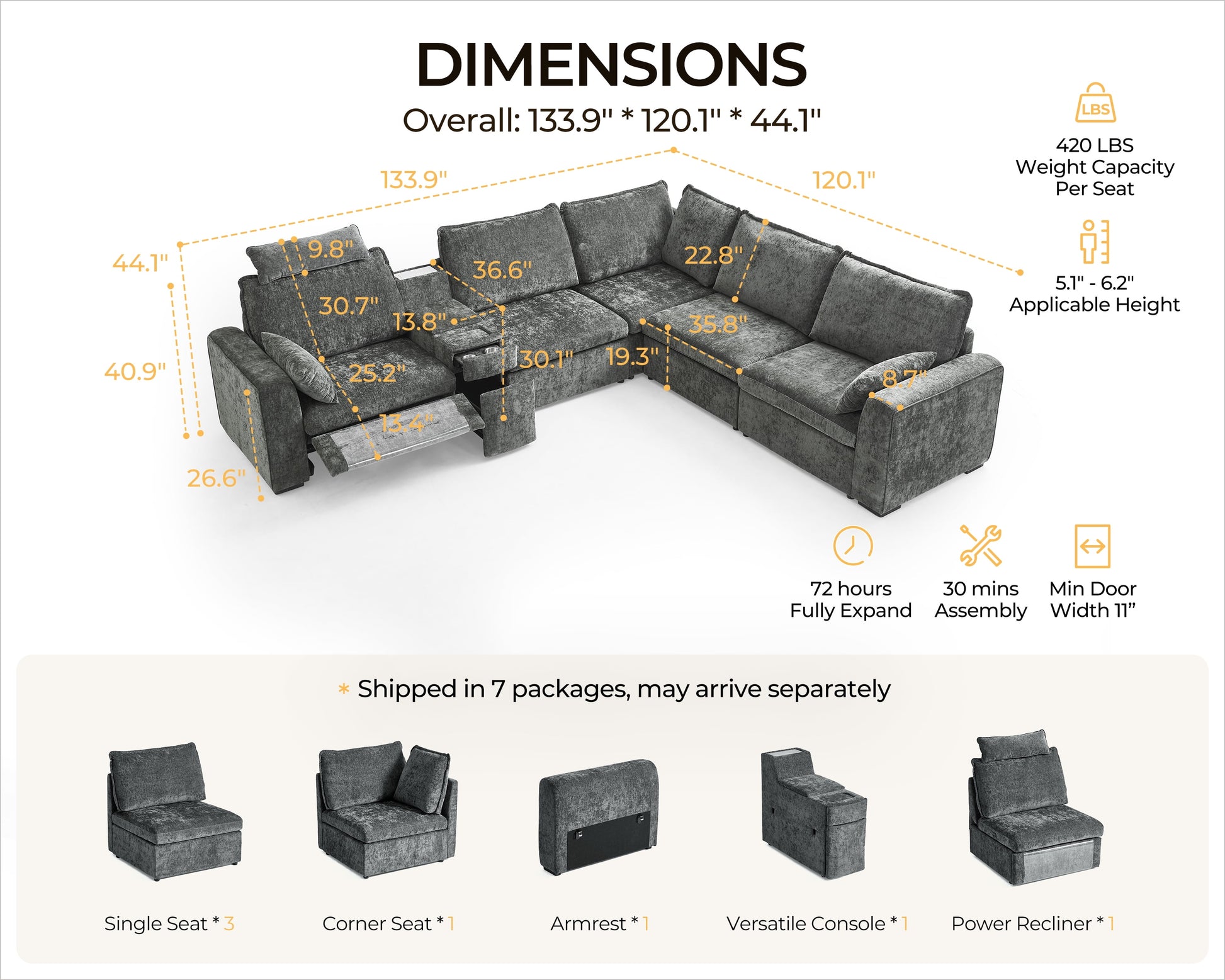 Modular Sectional Power Reclining Sofa Gray