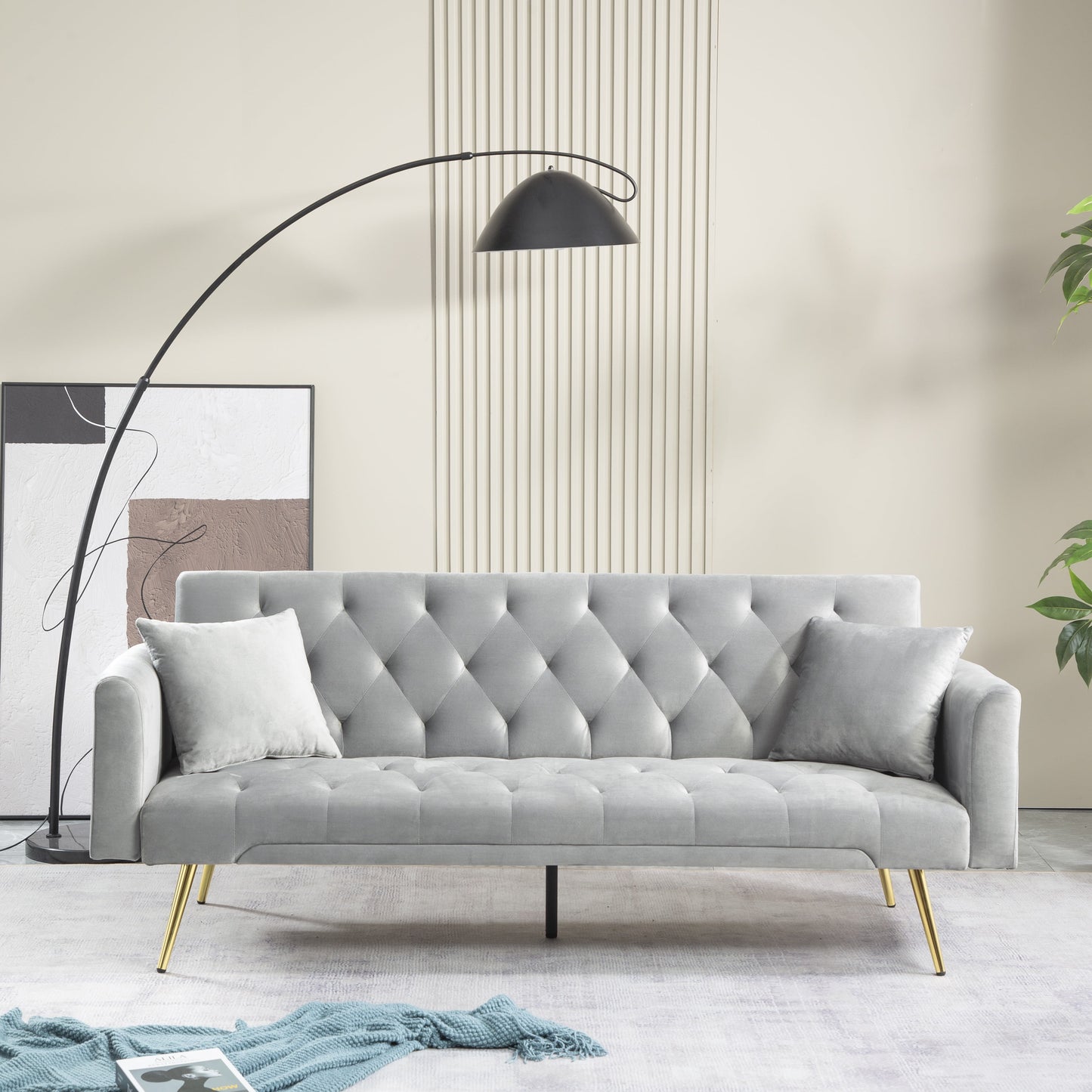71 Inches Velvet Futon Sofa Bed with 2 Pillows,Modern Convertible Futon Couch with 3 Adjustable Backrest Angles and Gold Metal Feet,Suitable for Apartment,Living Room,Small Space,Gray