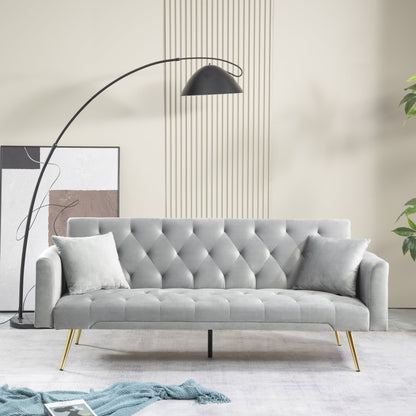 71 Inches Velvet Futon Sofa Bed with 2 Pillows,Modern Convertible Futon Couch with 3 Adjustable Backrest Angles and Gold Metal Feet,Suitable for Apartment,Living Room,Small Space,Gray
