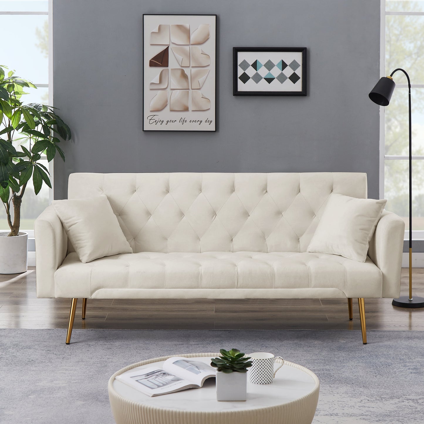 71 Inches Velvet Futon Sofa Bed with 2 Pillows,Modern Convertible Futon Couch with 3 Adjustable Backrest Angles and Gold Metal Feet,Suitable for Apartment,Living Room,Small Space,Beige