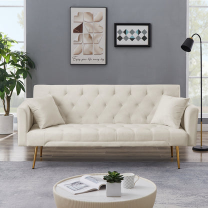 71 Inches Velvet Futon Sofa Bed with 2 Pillows,Modern Convertible Futon Couch with 3 Adjustable Backrest Angles and Gold Metal Feet,Suitable for Apartment,Living Room,Small Space,Beige