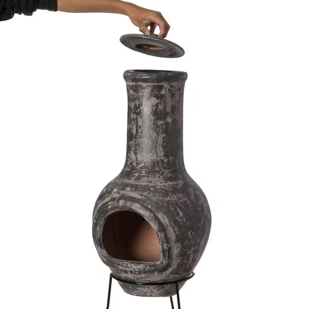 Outdoor Stoney Grey Clay Chimenea Scribbled Design Fire Pit with Metal Stand