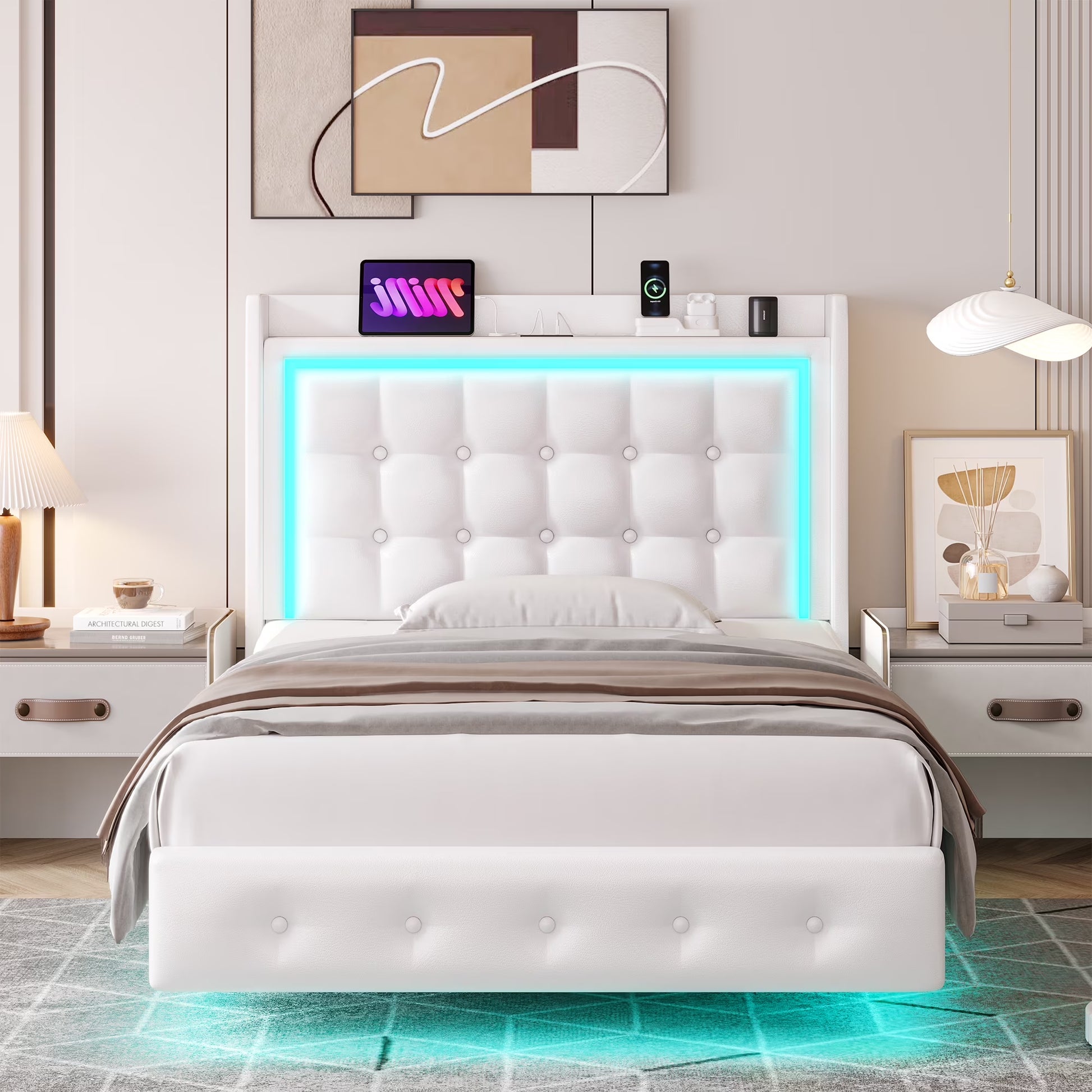 Twin Size Floating Bed with LED Lights Charging Station, Modern PU Upholstered Platform Bed with Storage Headboard, White