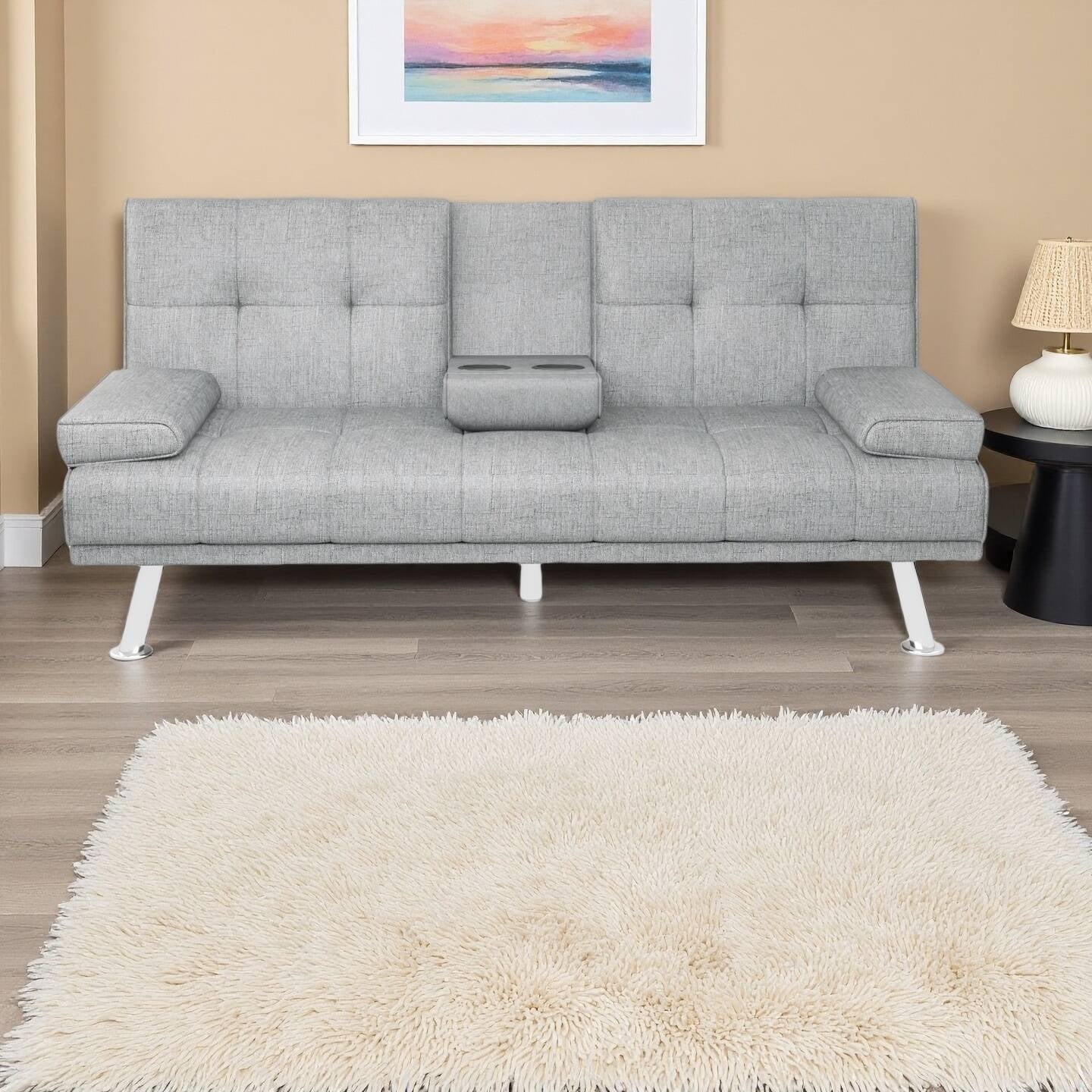 Modern Wood Convertible Futon Frame with Cupholders, Light Gray