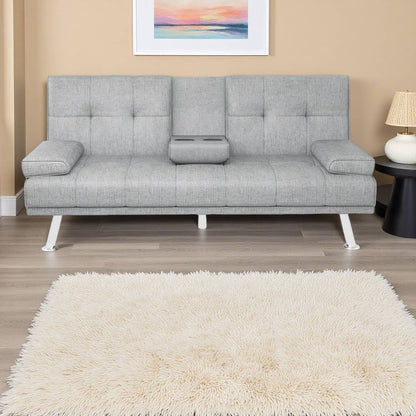 Modern Wood Convertible Futon Frame with Cupholders, Light Gray