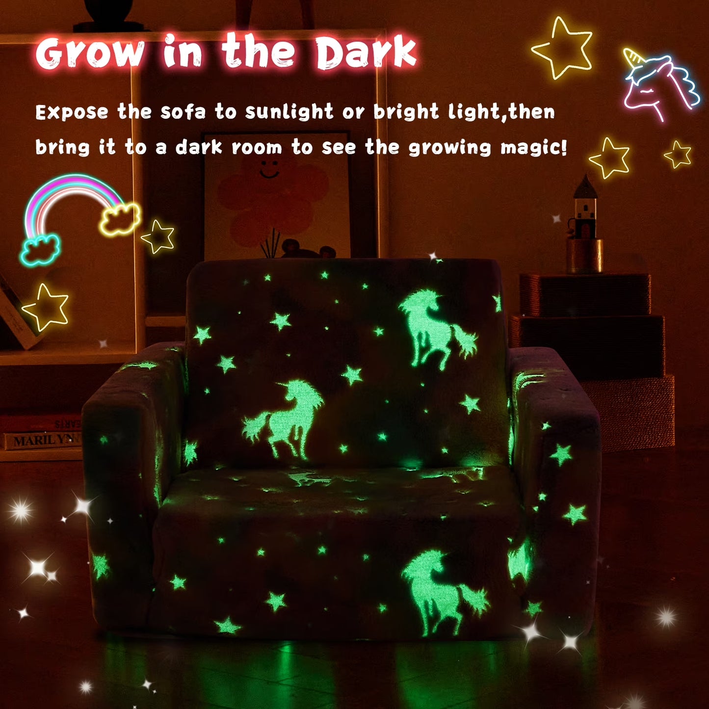 Glow-In-The-Dark Unicorn Toddler Sofa, 2-In-1 Foldable Plush Chair & Lounger for Kids Boys & Girls, Removable Washable Cover