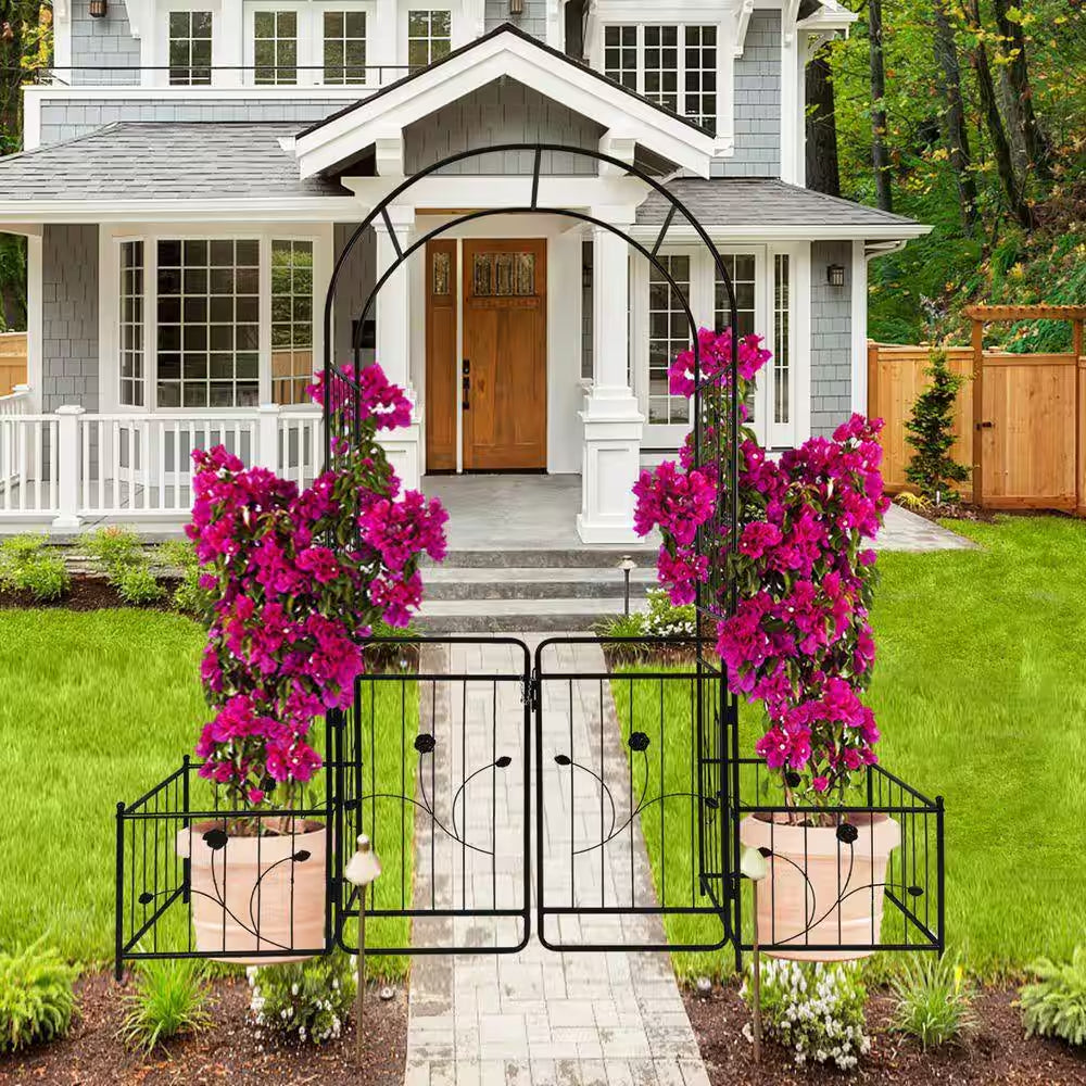 Hot Seller Garden 86.6 In. Iron Arch Black Trellis with Double Gate Design for High Climbing Plants Support Rose