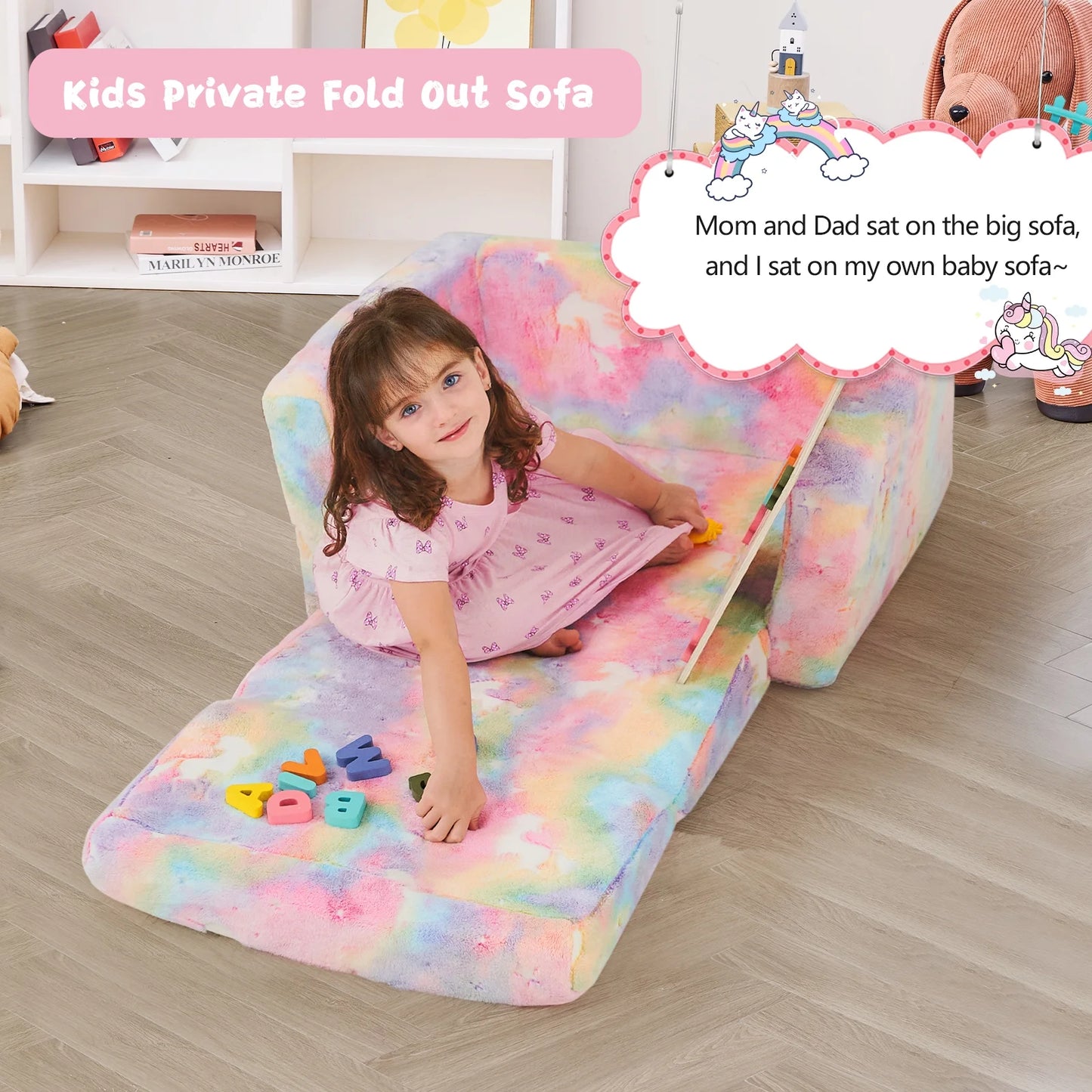 Glow-In-The-Dark Unicorn Toddler Sofa, 2-In-1 Foldable Plush Chair & Lounger for Kids Boys & Girls, Removable Washable Cover