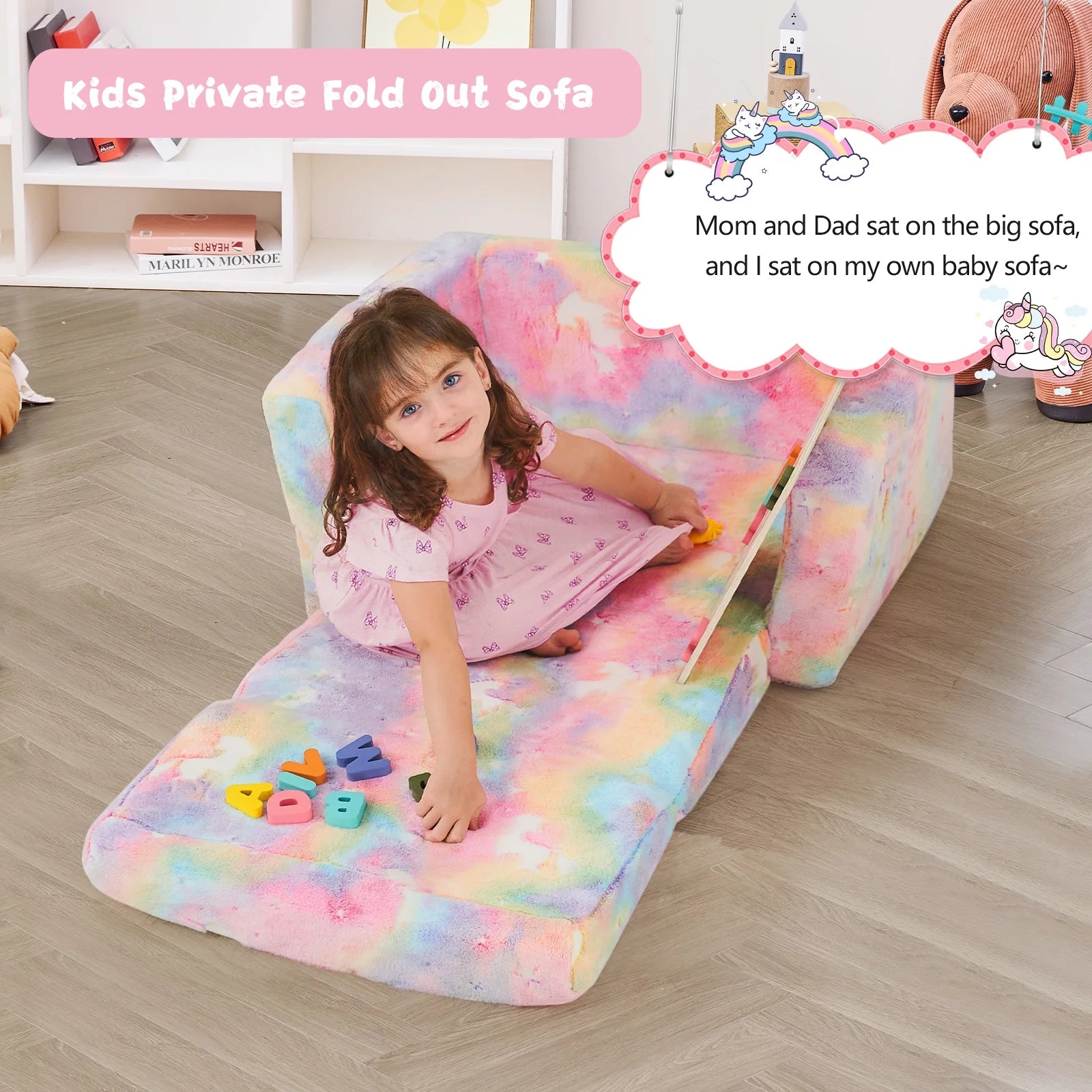 Glow-In-The-Dark Unicorn Toddler Sofa, 2-In-1 Foldable Plush Chair & Lounger for Kids Boys & Girls, Removable Washable Cover