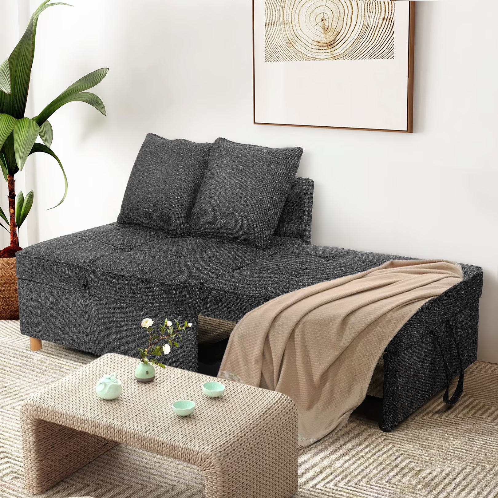 4-In-1 Convertible Chair Bed, Linen Sleeper Chair for Small Space, Futon Sofa Bed with 2 Throw Pillows for Living Room, Single Recliner with 5 Adjustable Backrest for Bedroom Apartment, Black