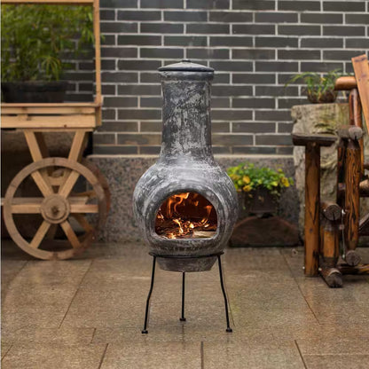 Outdoor Stoney Grey Clay Chimenea Scribbled Design Fire Pit with Metal Stand