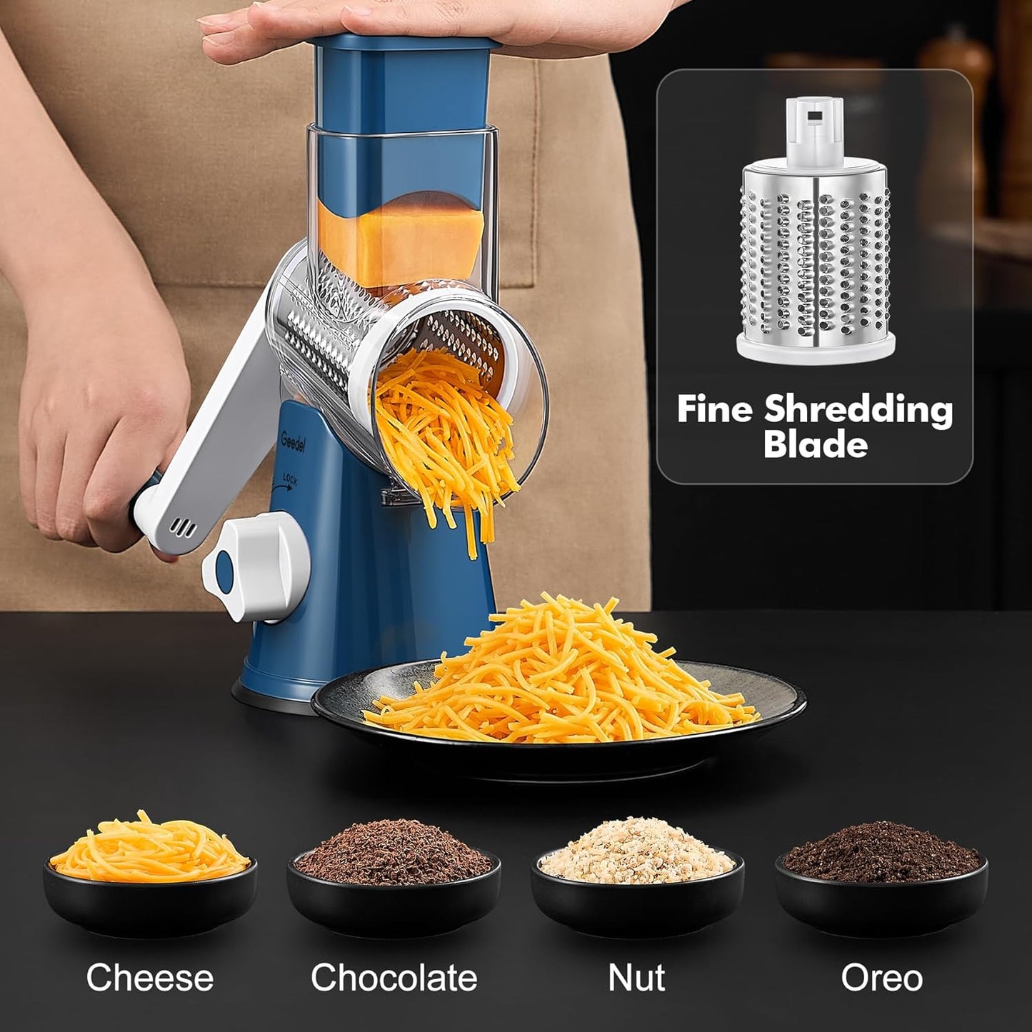 Rotary Cheese Grater, Kitchen Mandoline Vegetable Slicer with 3 Interchangeable Blades, Easy to Clean Rotary Grater Slicer for Fruit, Vegetables, Nuts