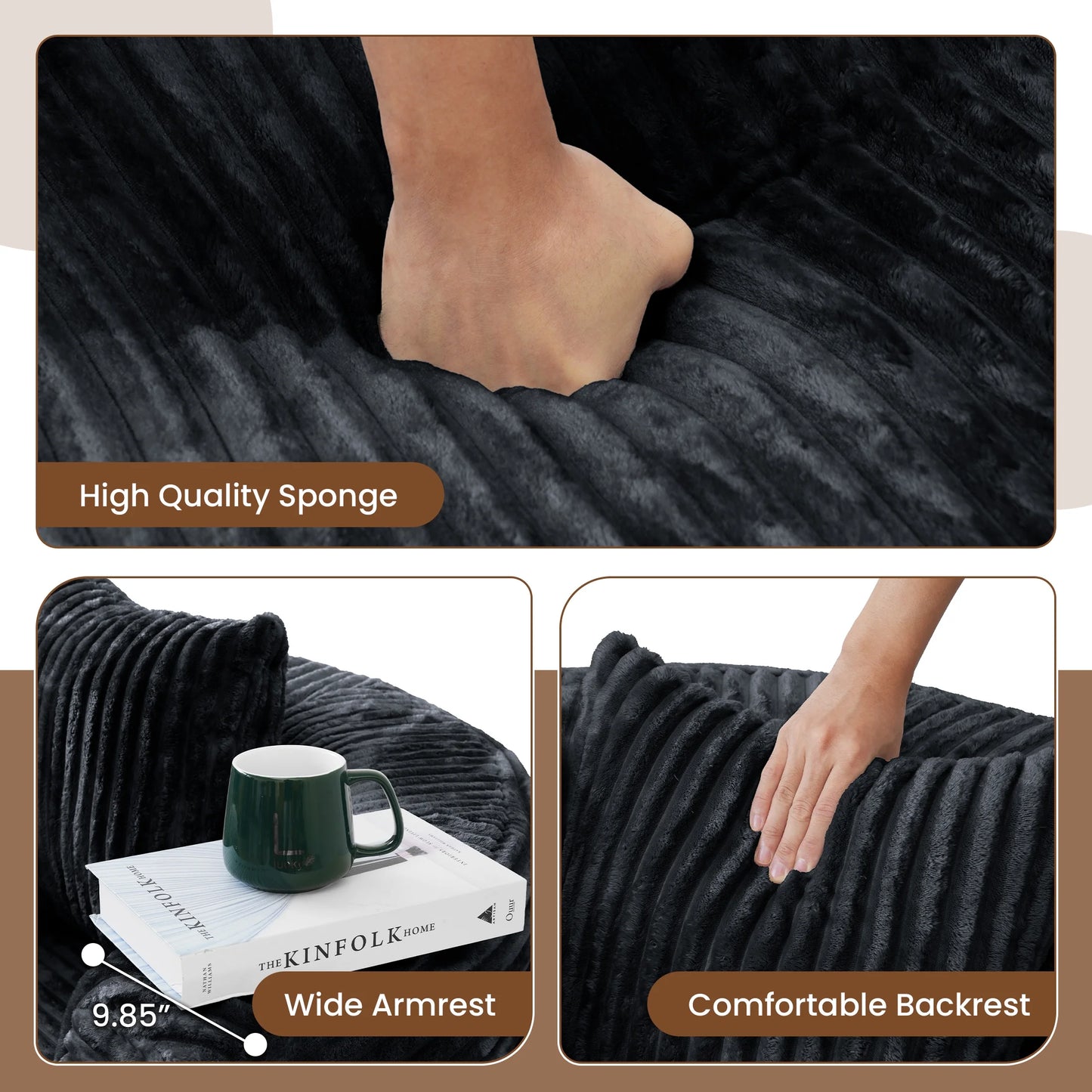 Magic Home Modern Lazy Sofa Foam Couch Sectional Sofa Togo Sofa Floor Sofa for Bedroom,Living Room,Apartment and Small Space,Single Seat Sofa,Black