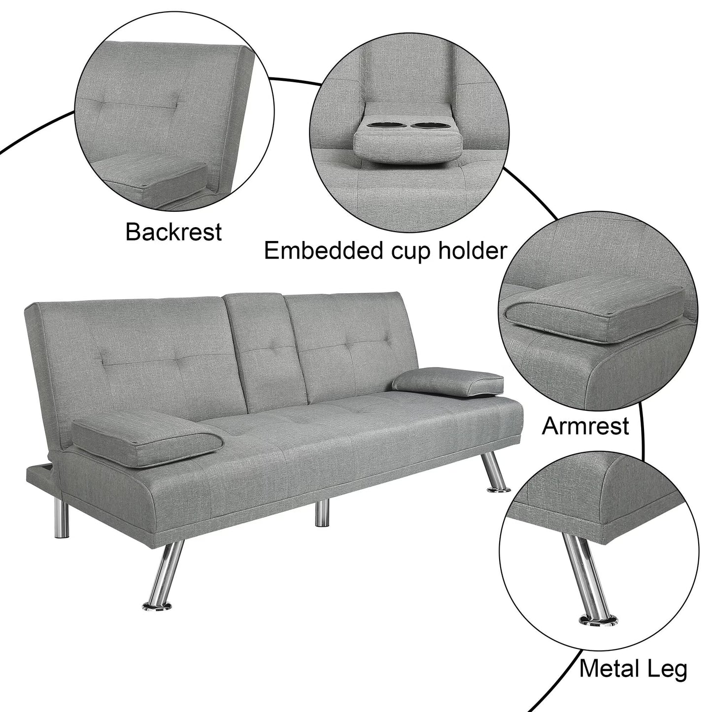 Modern Wood Convertible Futon Frame with Cupholders, Light Gray