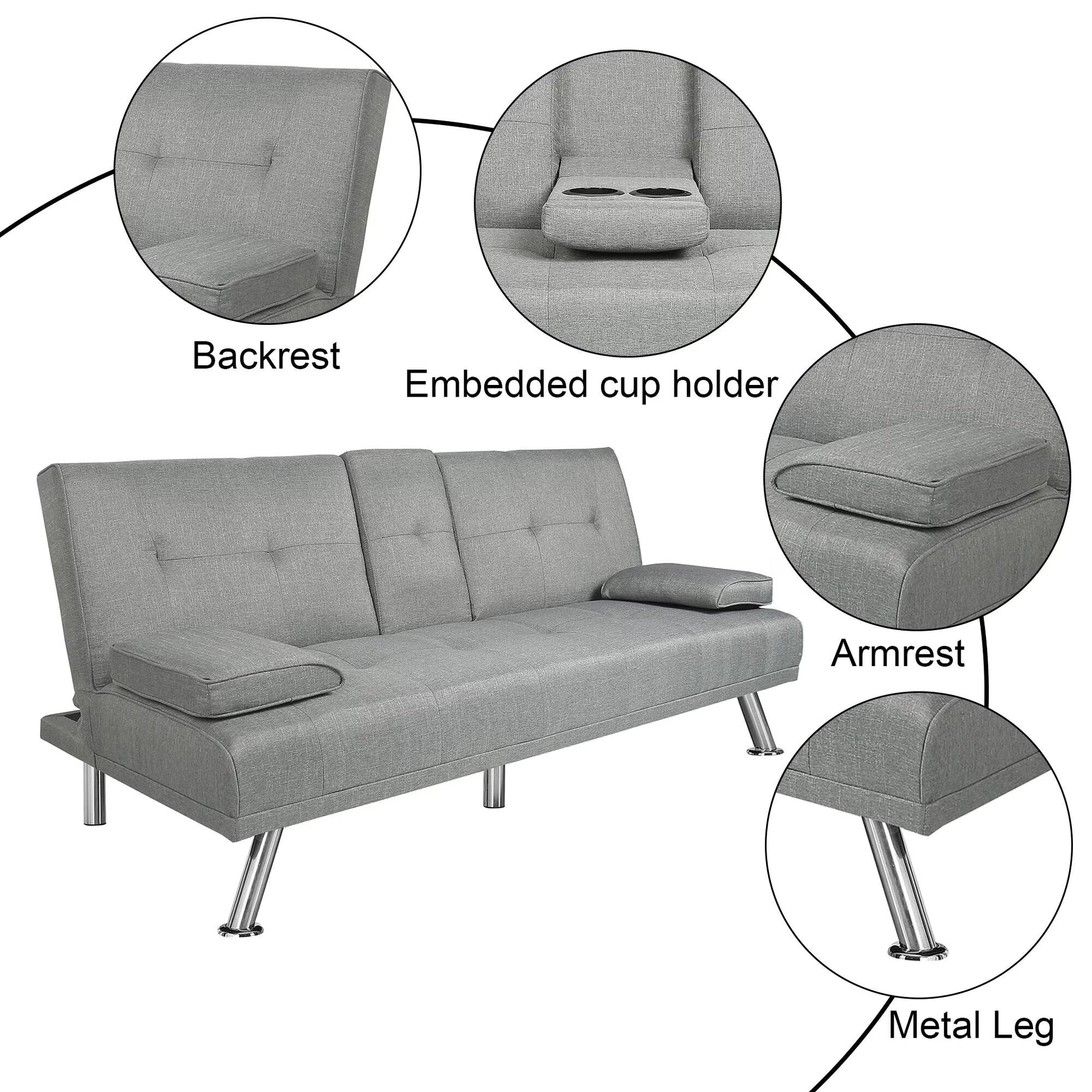 Modern Wood Convertible Futon Frame with Cupholders, Light Gray