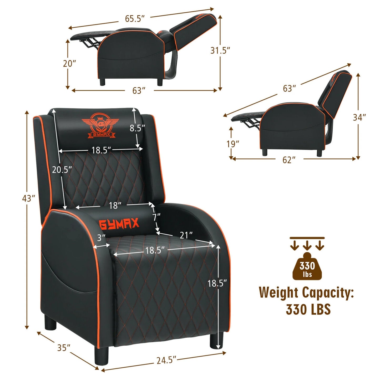 Massage Gaming Recliner Chair Leather Single Sofa Home Theater Seat Orange