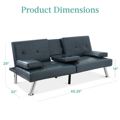 Modern Faux Leather Convertible Futon Sofa W/ Removable Armrests, 2 Cupholders - Blue