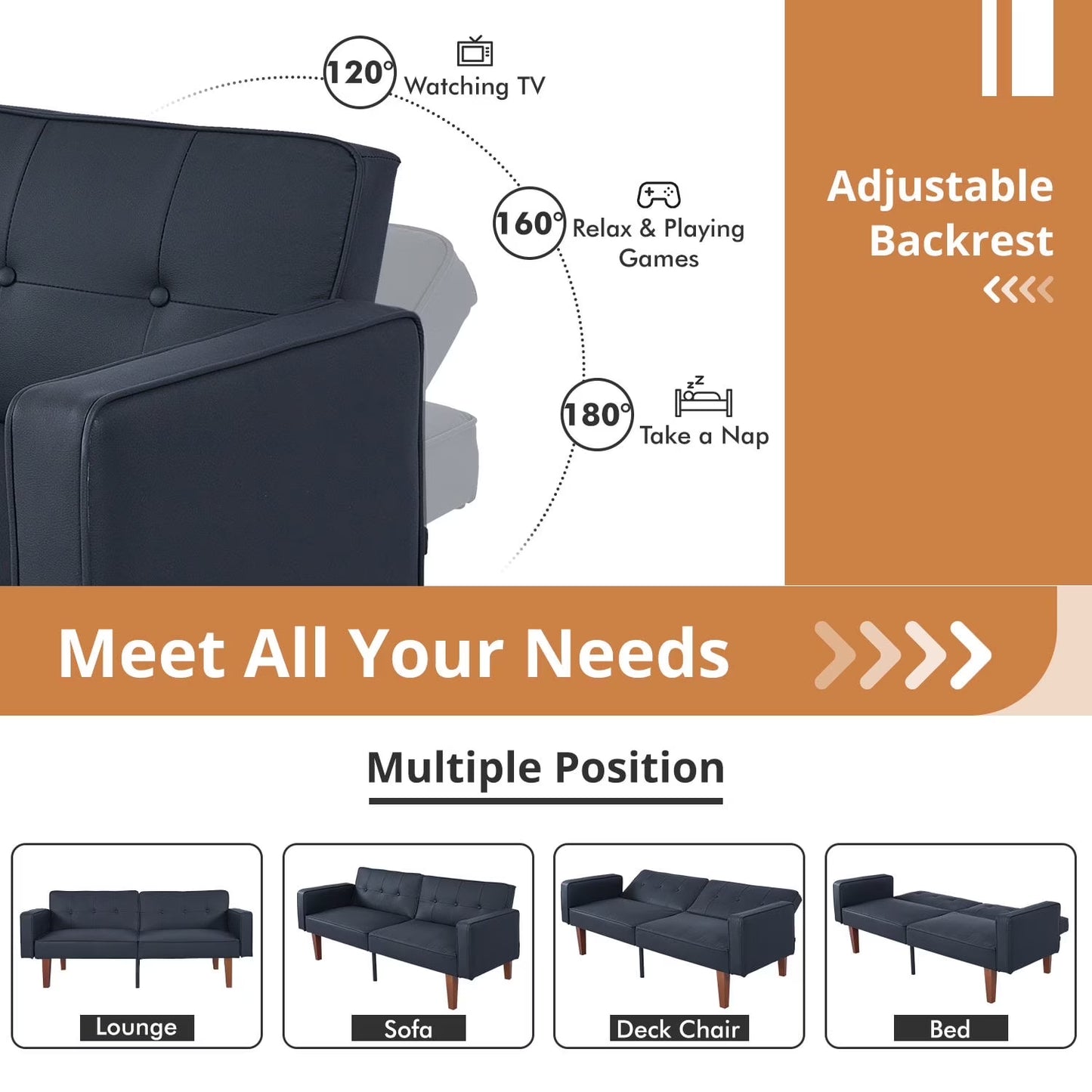Modern Sofa, Convertible Memory Foam Futon Sofa Bed with Adjustable Armrests and Backrest,Gray