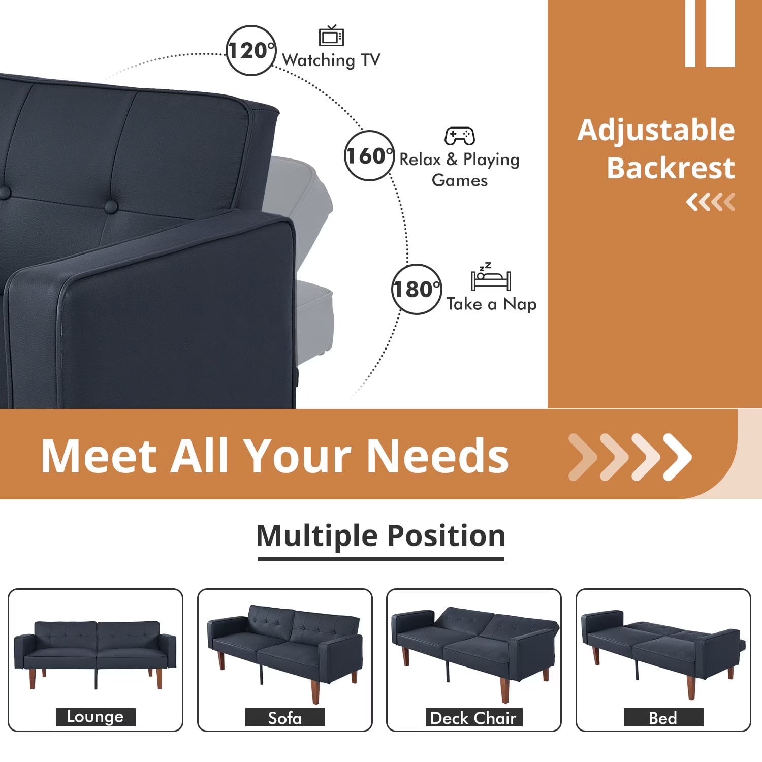 Modern Sofa, Convertible Memory Foam Futon Sofa Bed with Adjustable Armrests and Backrest,Gray