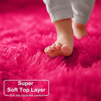 Hot Pink round Rug 4Ft for Girls Bedroom, Fluffy Circle Area Rugs for Kids Room Decor Aesthetic, Shag Plush Fuzzy Furry Carpet for Living Room, Nursery, Dorm, Classroom, Teen, Cute Shaggy Baby Rug
