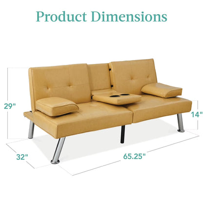 Modern Faux Leather Convertible Futon Sofa W/ Removable Armrests, 2 Cupholders - Camel Yellow