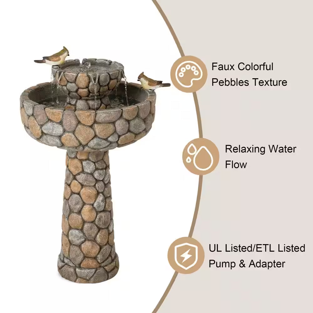 24.41 In. H Outdoor Polyresin 2-Tierd Stone-Like Birdbath Fountain