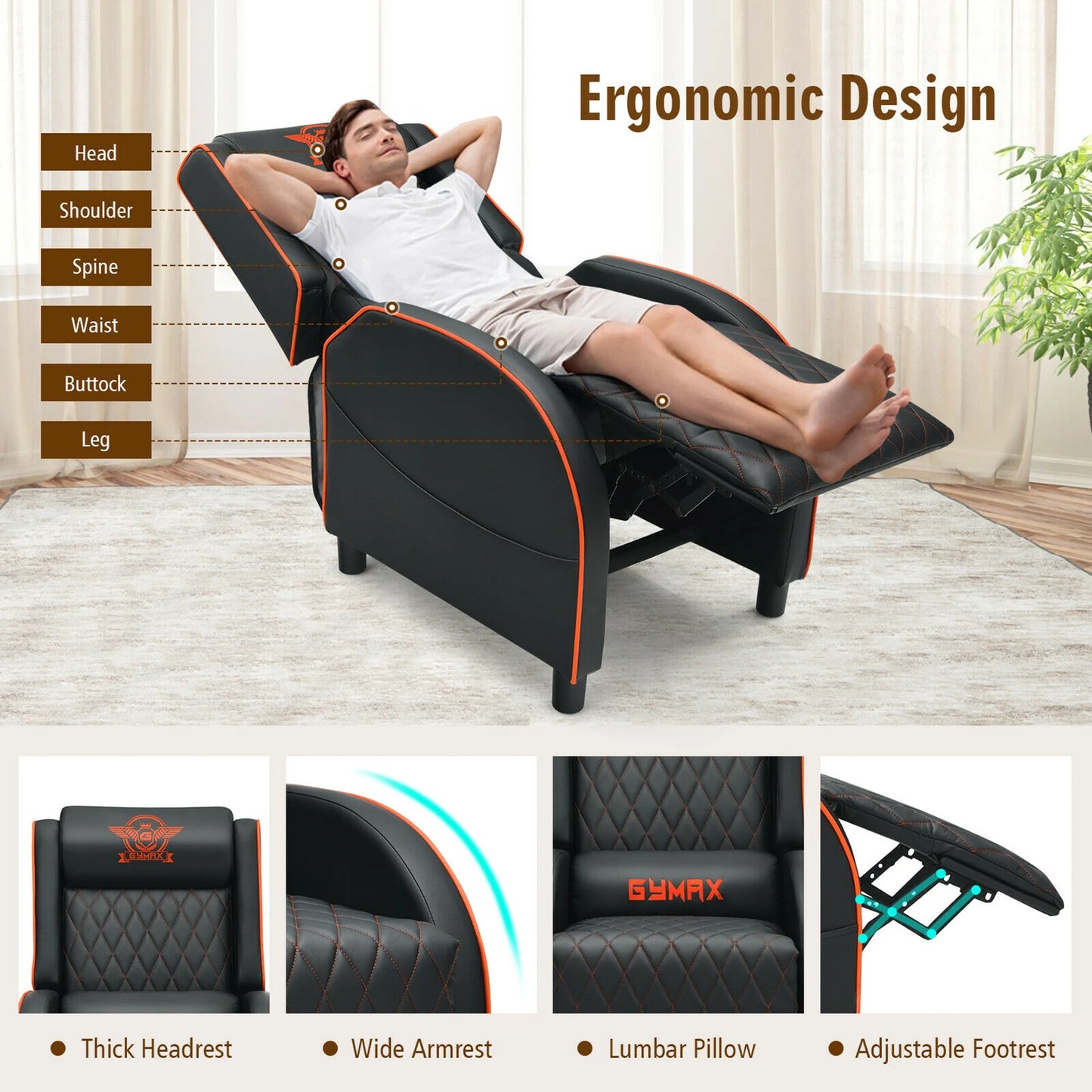 Massage Gaming Recliner Chair Leather Single Sofa Home Theater Seat Orange