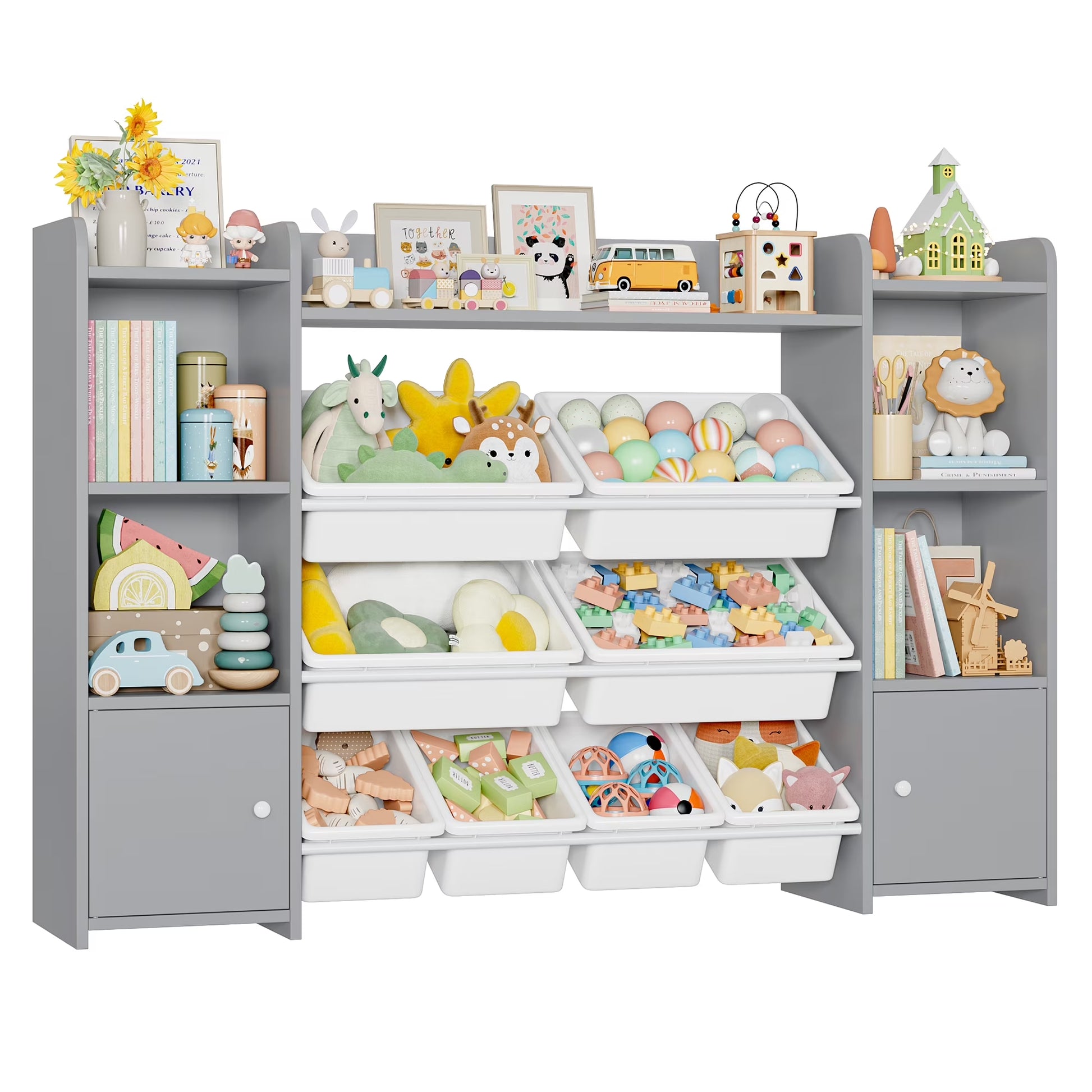 Kids Toy Organization Cubby Bookcase with 8 Bin, 2 Door Gray Storage Organizer Bookshelf for Children Room Playroom