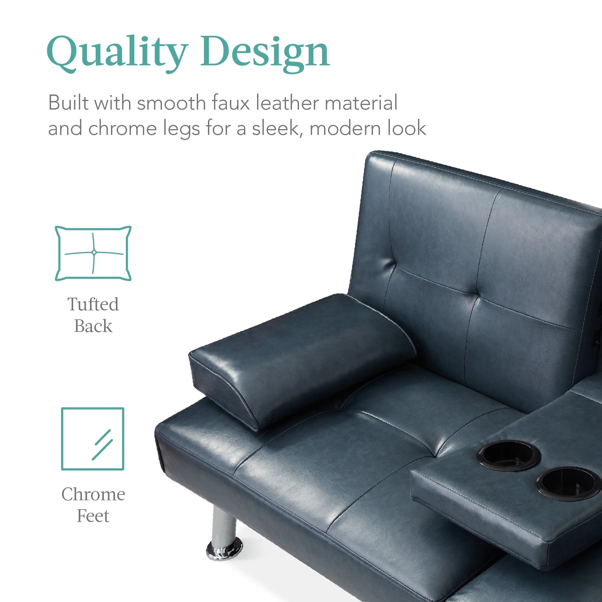 Modern Faux Leather Convertible Futon Sofa W/ Removable Armrests, 2 Cupholders - Blue